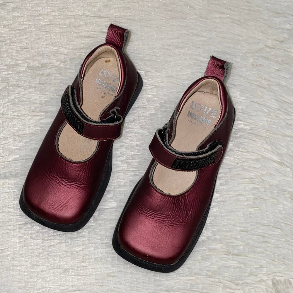 Love Moschino Burgundy Girls Sz 4 Mary Jane Leather Rubber Logo Shoes - Picture 4 of 13